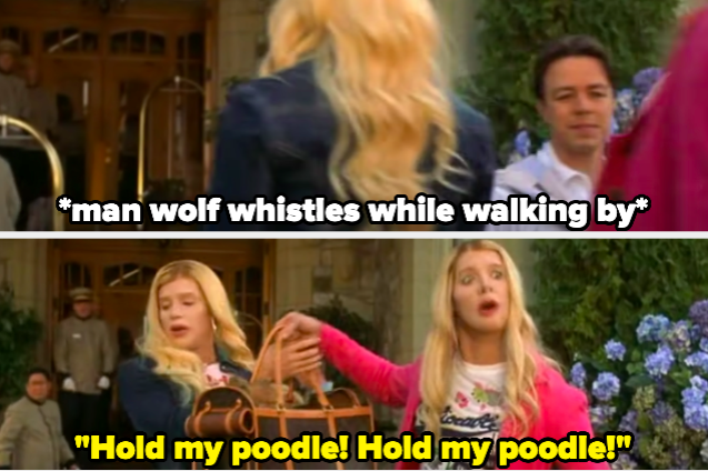 A man wolf whistles while walking by two men disguised as women, and the man yells "Hold my poodle! Hold my poodle!"