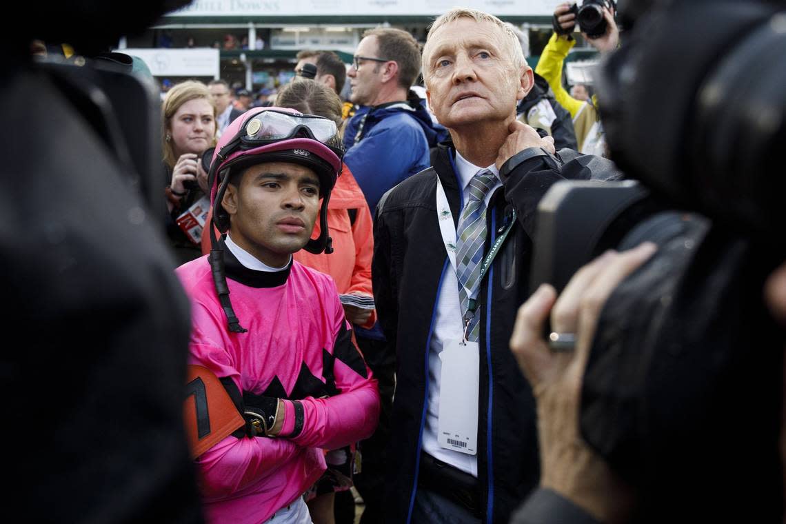 Maximum Security’s jockey Luis Saez and trainer Jason Servis waited to see if the stewards would disqualify their colt, who had crossed the finish line first in the 2019 Kentucky Derby Maximum Security was disqualified and placed 17th.