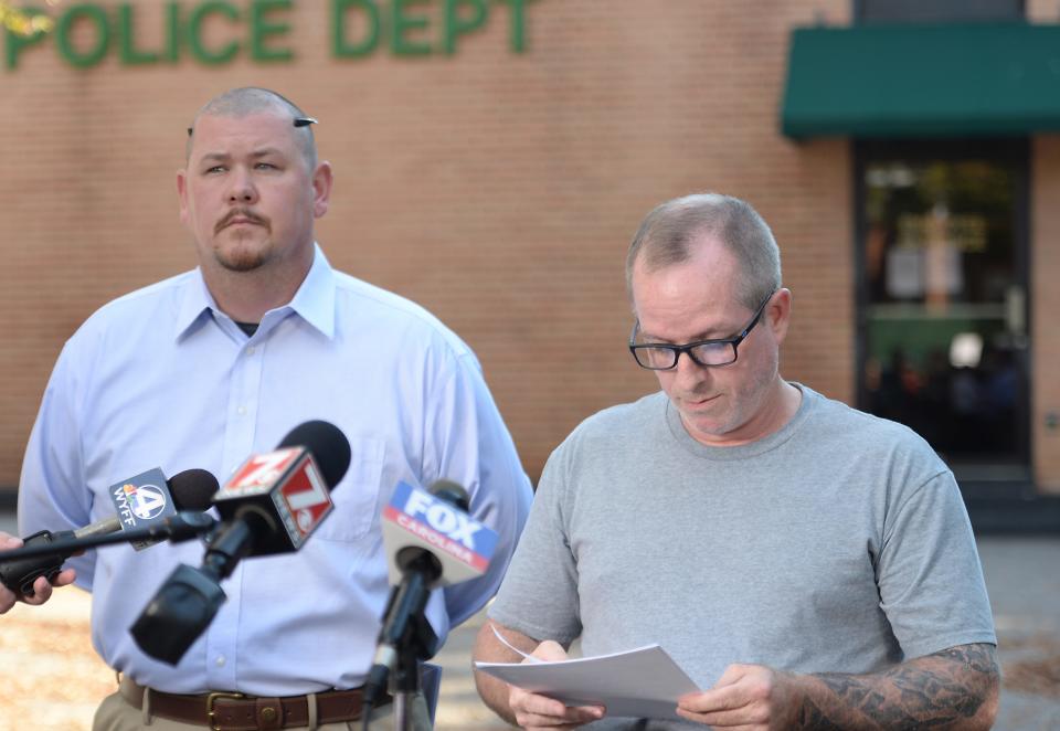 Pacolet Police resigned over allegations made concerning the town administration.Pacolet Police Lt. Daniel Gipson, left, and Chief John Alexander react while making a public statement about their resignation.