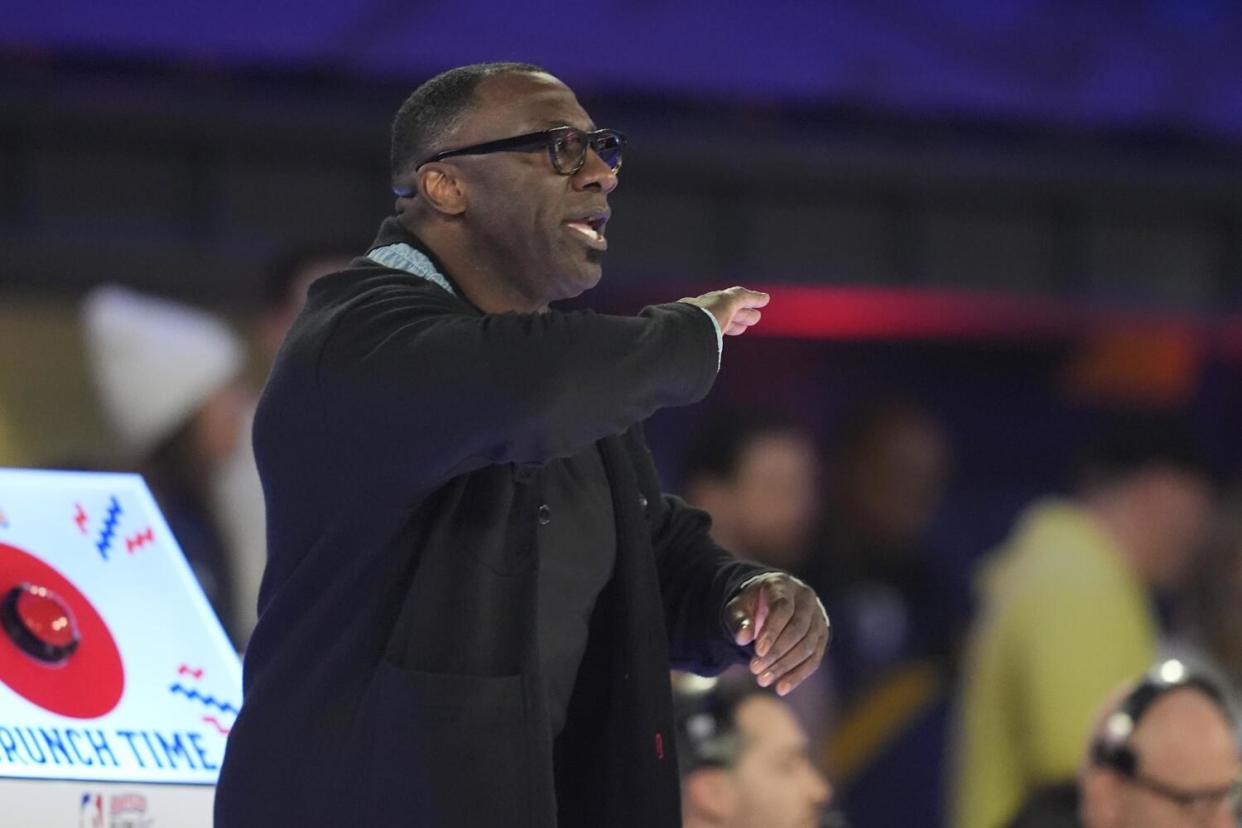Shannon Sharpe shouts during the first half of the NBA All-Star Celebrity Game