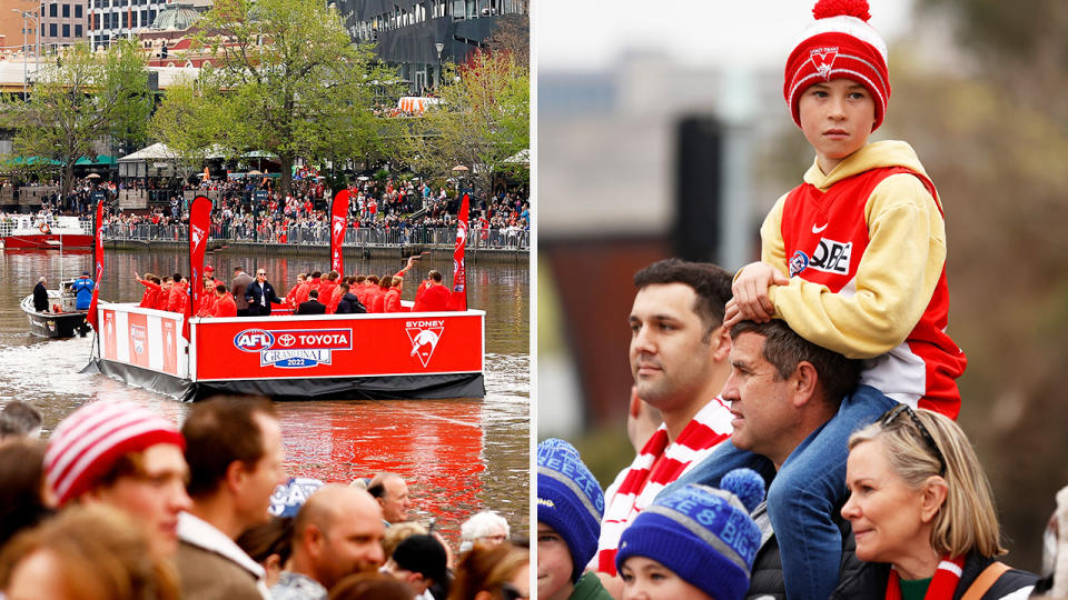 The Sydney Swans ride down the Yarra River on the left, while fans are pictured watching from the right. 