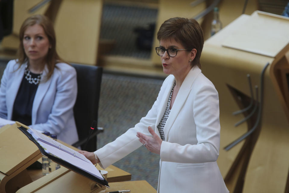 Scotland's First Minister Nicola Sturgeon speaks during First Minster's Questions (FMQ's) on coronavirus in the debating chamber of the Scottish Parliament in Edinburgh.