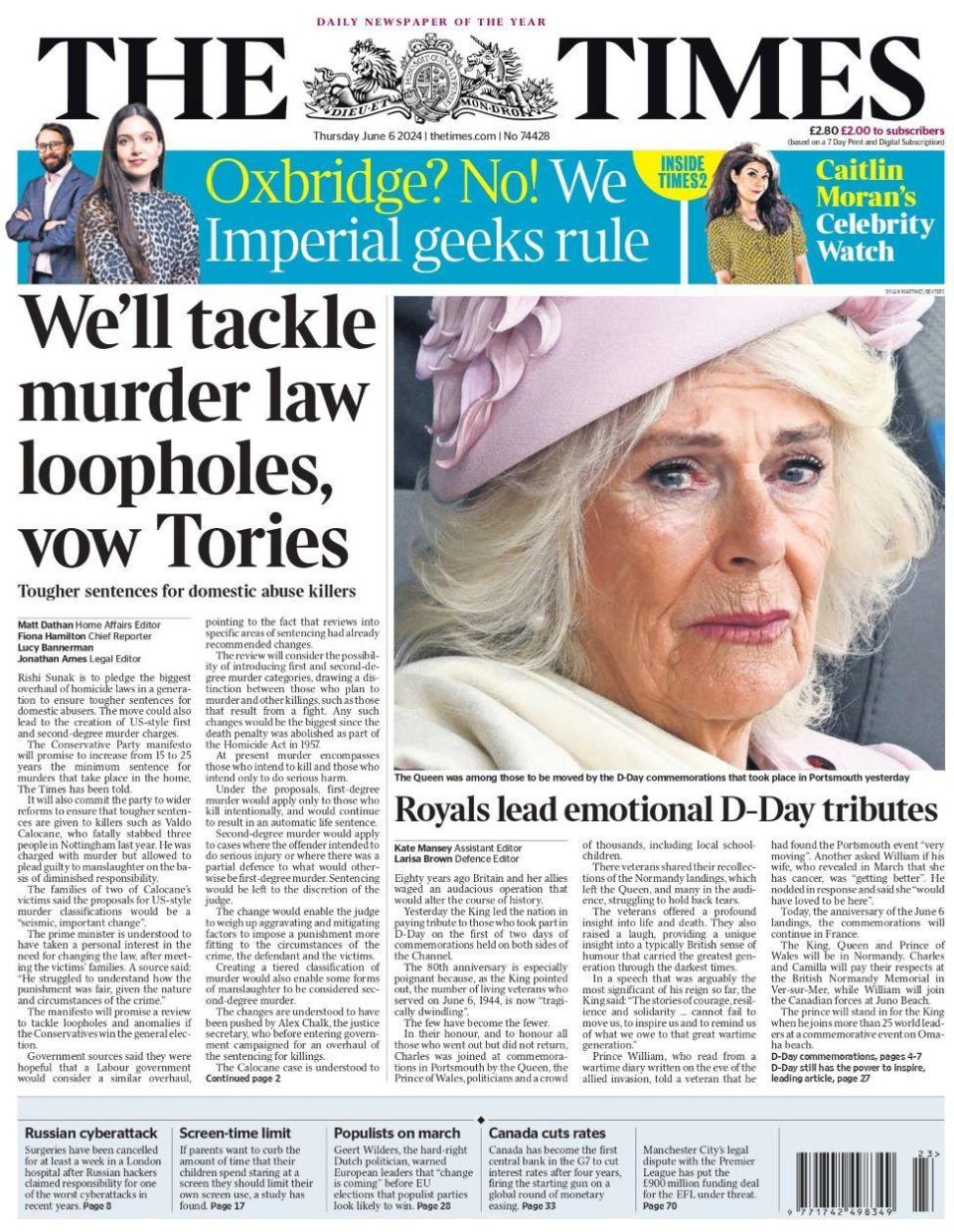 We'll tackle murder law loopholes, vow Tories reads the Times