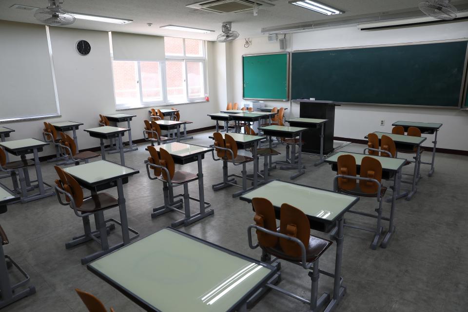 An empty classroom is seen ahead of school re-opening on May 11, 2020 in Seoul, South Korea.