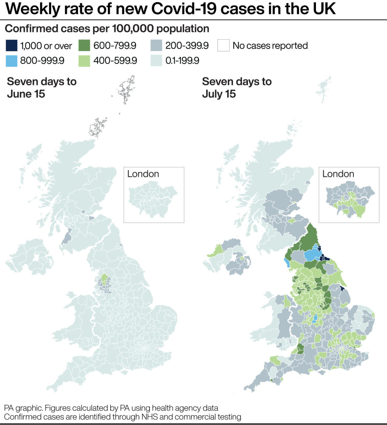 Weekly rate of new Covid-19 cases in the UK. (PA)