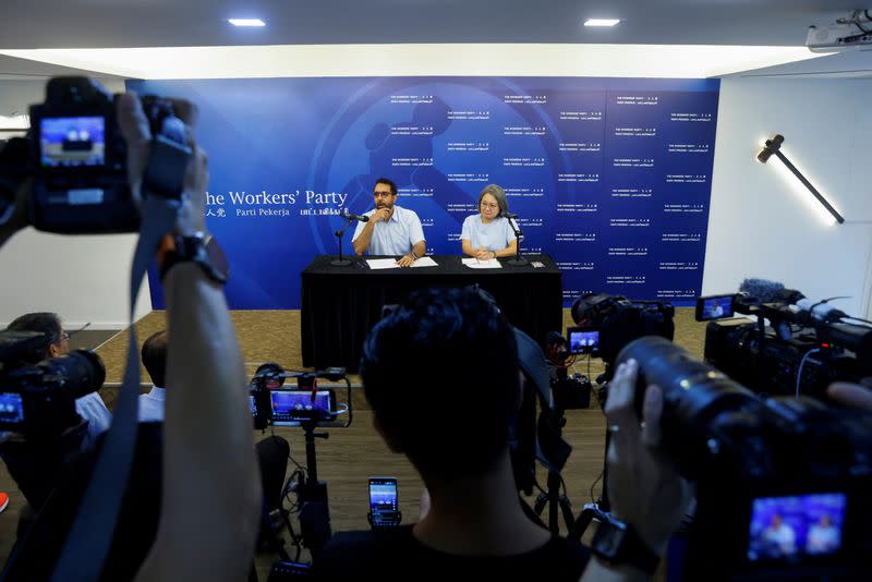 Workers' Party Chairman Sylvia Lim and Secretary-General Pritam Singh hold a press conference at their headquarters in Singapore