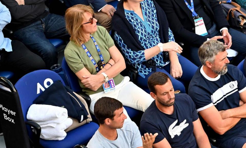 An empty seat in Novak Djokovic’s player’s box where his father, Srdjan, was meant to have been seated, alongside Djokovic’s mother, Dijana, during his semi-final victory over Tommy Paul