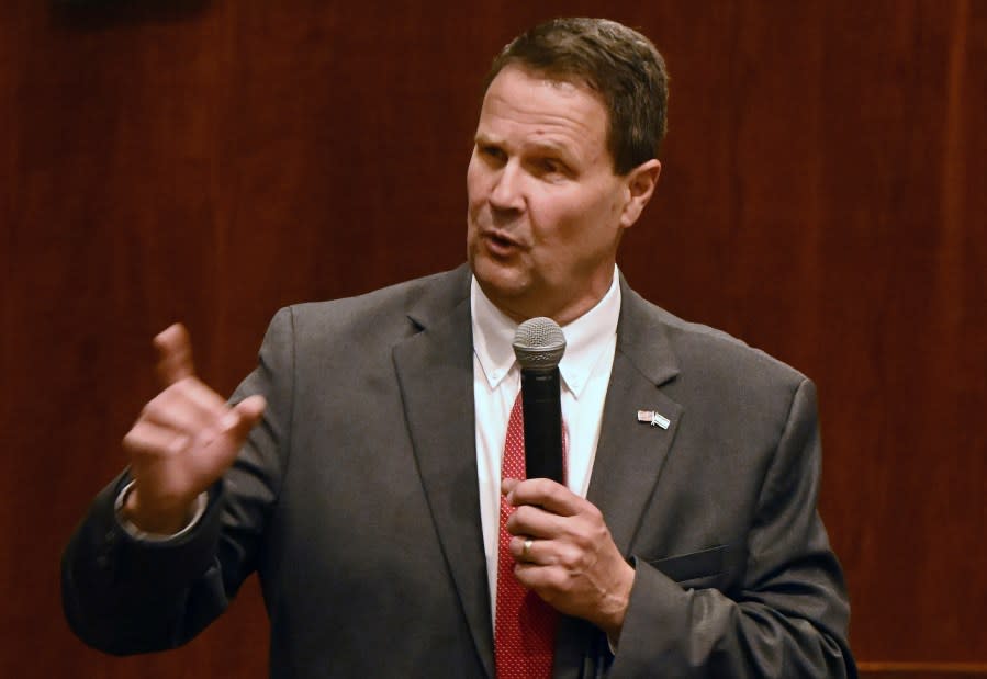 Republican candidate Jeff Crank speaks in a debate at Centennial Hall in Colorado Springs, Colo., Thursday, May 16, 2024. The candidates are running for the U.S. House 5th Congressional District seat that is being vacated by U.S. Rep. Doug Lamborn. (Jerilee Bennett/The Gazette via AP)