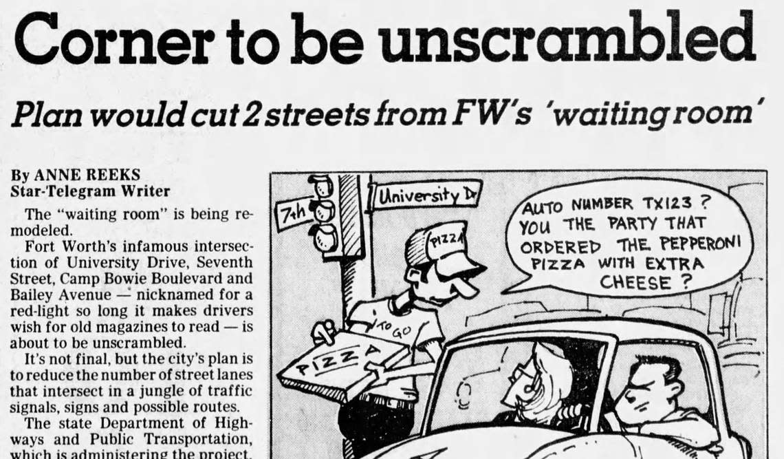 An Oct. 7, 1985, front-page story in the Fort Worth Star-Telegram about proposed changes to the Camp Bowie/West Seventh intersection.