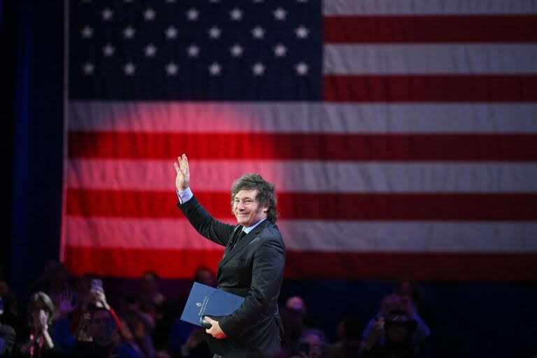 El presidente Javier Milei durante la Conferencia de Acción Política Conservadora (CPAC), en Washington, donde se cruzó con Donald Trump