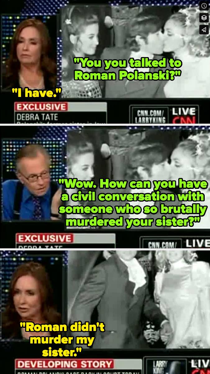Collage of Debra Tate and Larry King in an interview discussing Roman Polanski and the murder of Sharon Tate