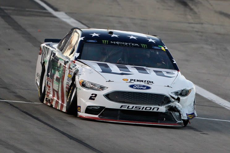 Brad Keselowski’s crashed car after he collided with Jimmie Johnson and the wall. (Getty)