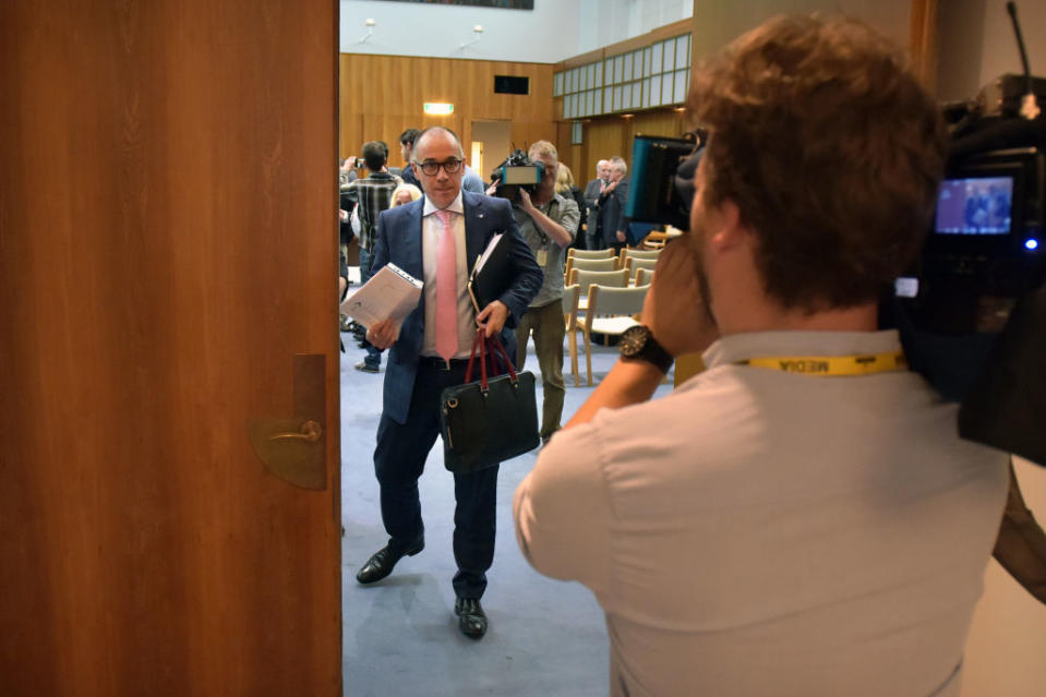 Andrew Thorburn, chief executive officer of National Australia Bank Ltd. (NAB), departs a hearing before the House of Representatives Standing Committee on Economics at Parliament House in Canberra, Australia, on Friday, Oct. 19, 2018. <em>(Photographer: Mark Graham/Bloomberg via Getty)</em>