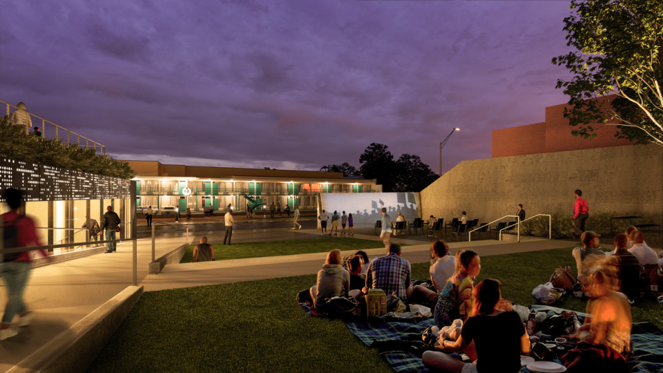 An artist's rendering of the proposed redesign of Founders Park, which will be known as the BlueCross Healthy Place at Founders Park; the view is toward the east, with the preserved Lorraine Motel facade of the National Civil Rights Museum facing the park.