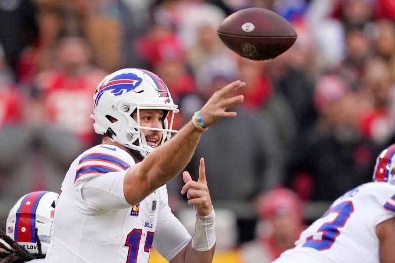 Buffalo Bills quarterback Josh Allen throws a pass Sunday at GEHA Field at Arrowhead Stadium in Kansas City, Mo. Photo by Jon Robichaud/UPI