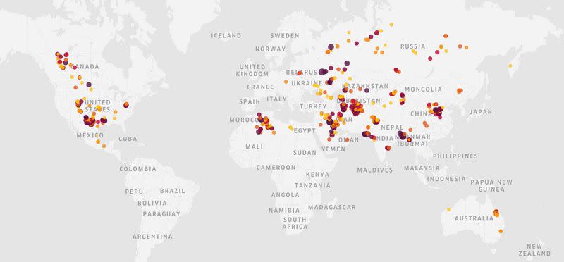 A undated handout image shows methane emission hotspots associated with oil, gas and coal between January 2019 and May 2020