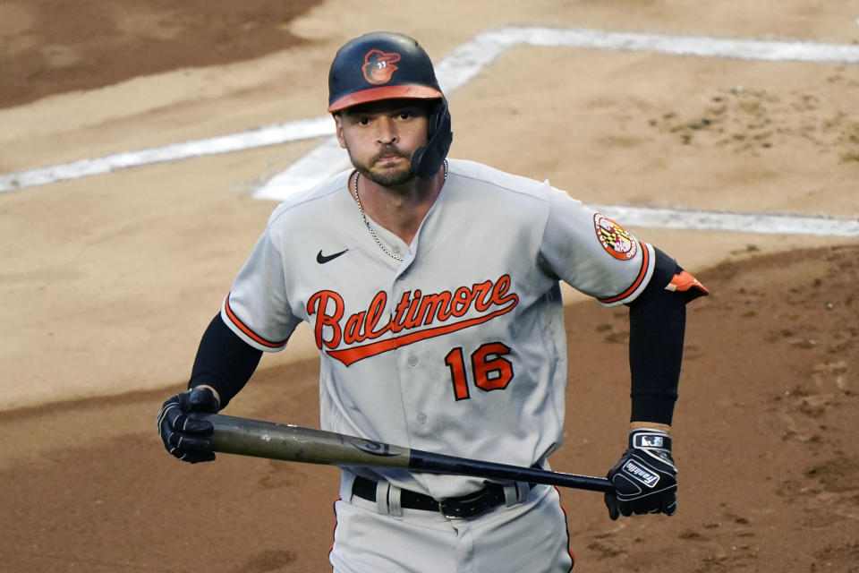 Baltimore Orioles Trey Mancini (16) reacts after striking out with a runner on third base during the first inning of a baseball game against the New York Yankees, Tuesday, April 6, 2021, at Yankee Stadium in New York. (AP Photo/Kathy Willens)