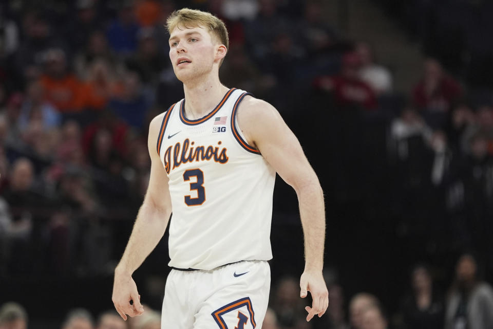 Illinois forward Marcus Domask (3) reacts after missing a shot during the first half of an NCAA college basketball game against Nebraska in the semifinal round of the Big Ten Conference tournament, Saturday, March 16, 2024, in Minneapolis. (AP Photo/Abbie Parr)