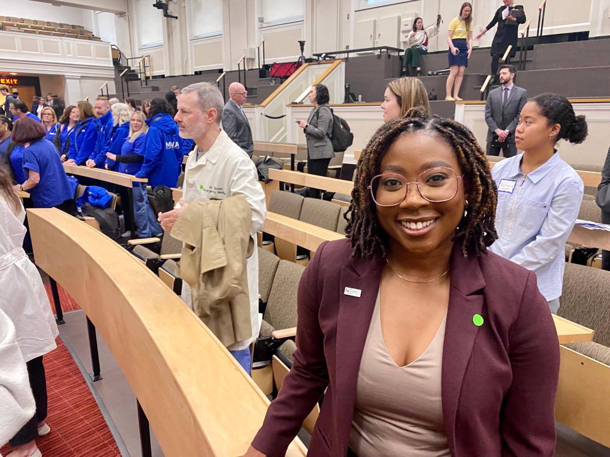 Dr. Ellana Stinson, an emergency room doctor who has worked at Brockton's Good Samaritan Medical Center, pauses for a photo after speaking at a U.S. Senate subcommittee hearing on private equity's impact on health care at the State House on Wednesday, April 3, 2024, in the midst of the financial crisis enveloping Good Sam's owner, Steward Health Care.