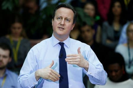 Britain's Prime Minister David Cameron answers questions after delivering a speech on the European Union to workers and guests at the headquarters of O2 in Slough, west of London, Britain, February 23, 2016. REUTERS/Peter Nicholls