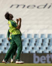 Pakistan's bowler Haris Rauf celebrates after dismissing South Africa's batman Rassie van der Dussen for 52 runs during the fourth and final T20 cricket match between South Africa and Pakistan at Centurion Park in Pretoria, South Africa, Friday, April 16, 2021. (AP Photo/Themba Hadebe)