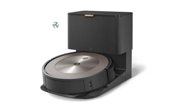 Imagem de marketing do produto para o iRobot Roomba J9+. O aspirador robô fica em sua estação de limpeza contra um fundo branco.