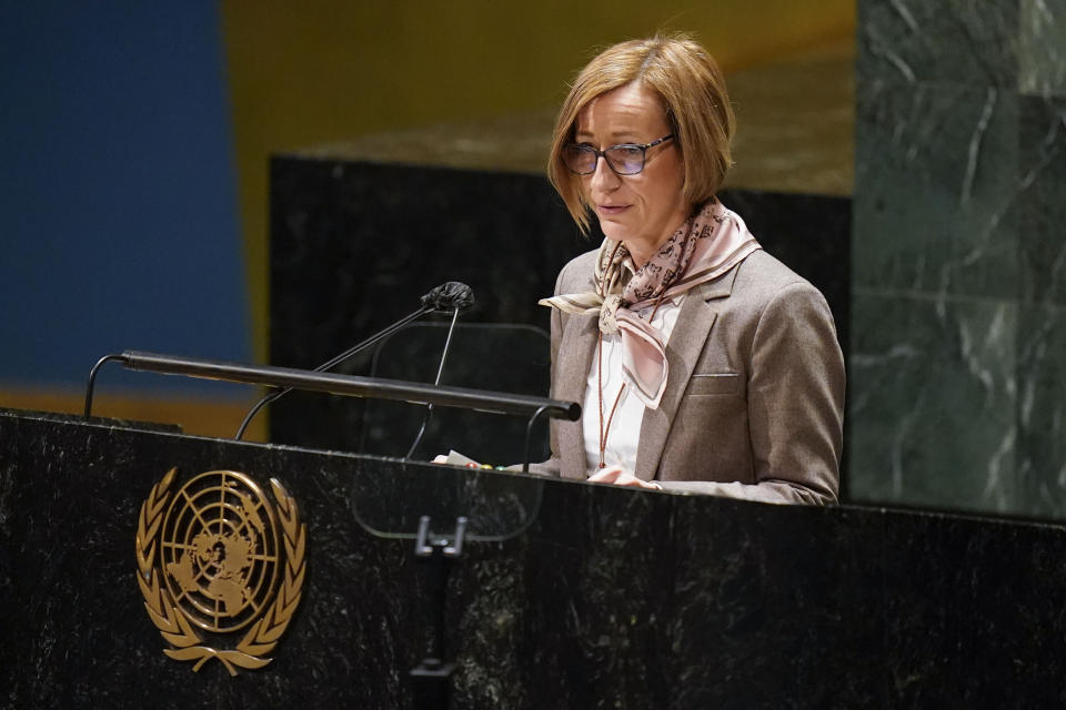 Hungarian Ambassador to the United Nations Zsuzsanna Horvath speaks during an emergency meeting of the General Assembly at United Nations headquarters, Tuesday, March 1, 2022. (AP Photo/Seth Wenig)