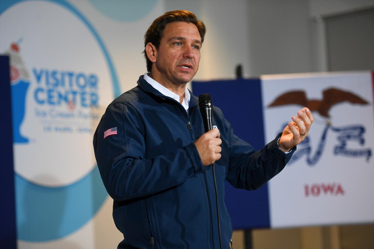 Gov. Ron DeSantis campaigning in De Mars, Iowa. DeSantis has been leaning into his performance as Florida governor in a bid to compete with GOP frontrunner Donald Trump.