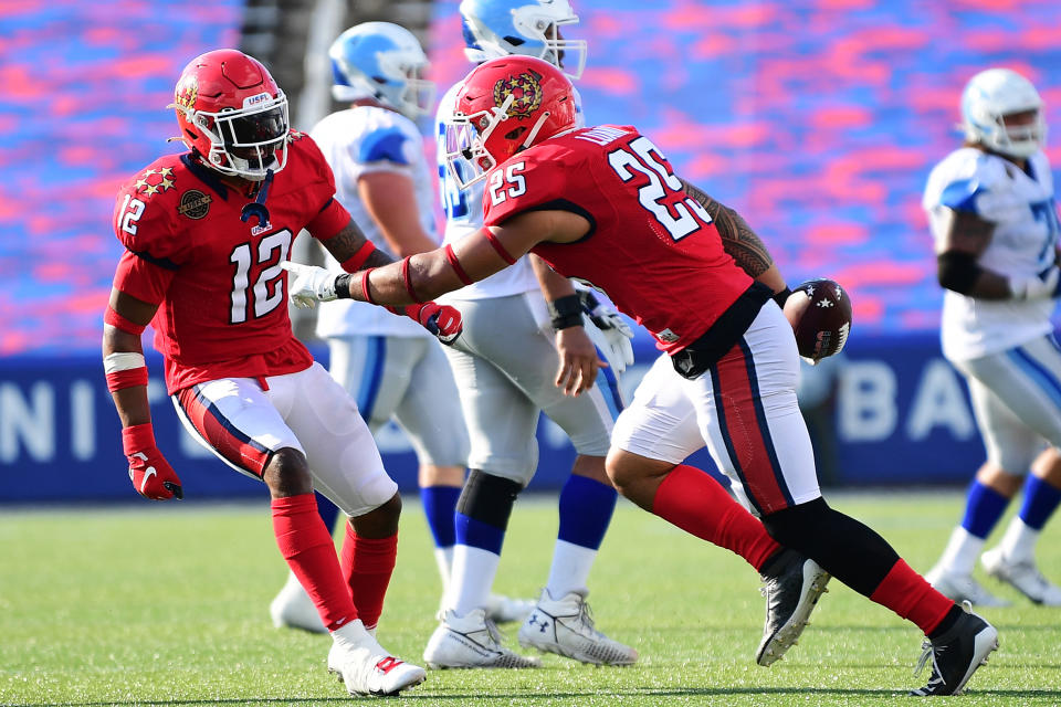 BIRMINGHAM, ALABAMA - MAY 14: Shalom Luani #25 of New Jersey Generals celebrates after getting an interception in the fourth quarter of the game against the New Orleans Breakers at Protective Stadium on May 14, 2022 in Birmingham, Alabama. (Photo by Emilee Chinn/USFL/Getty Images)