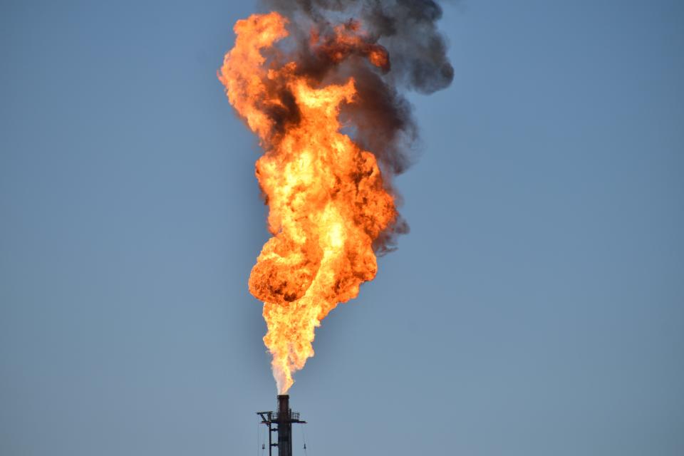 Shell’s elevated flare at its Beaver County ethane cracker plant seen over Potter Township on Feb. 13, 2023.