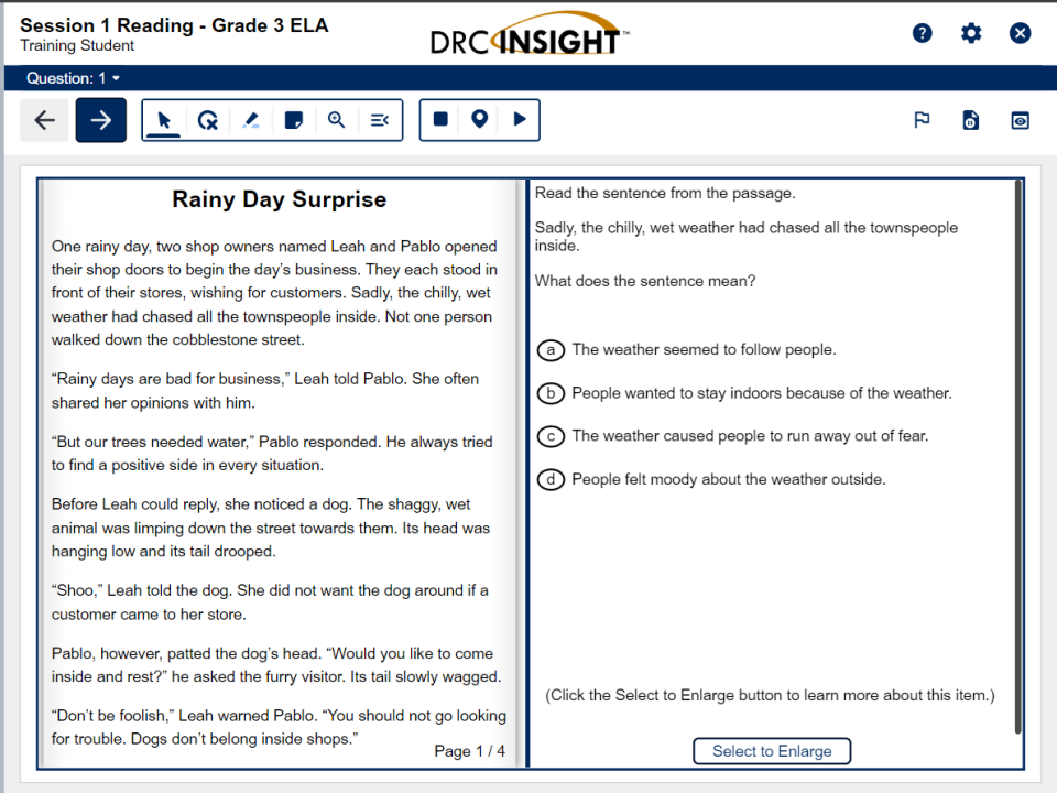 This screen capture shows the first question on the third-grade reading Wisconsin Forward Exam practice test.