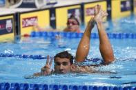 Jun 30, 2016; Omaha, NE, USA; Michael Phelps reacts after the Men's 200 Meter Individual Medley semi-finals in the U.S. Olympic swimming team trials at CenturyLink Center. Mandatory Credit: Erich Schlegel-USA TODAY Sports