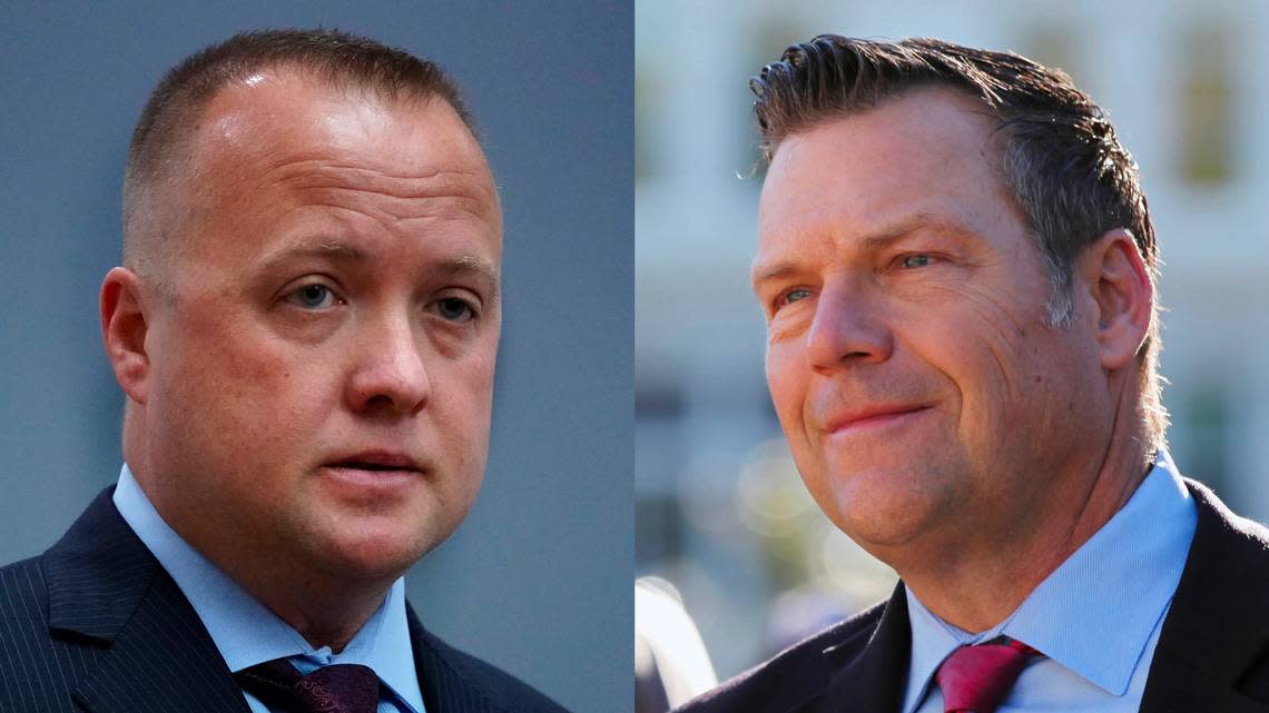 Democrat Chris Mann, left, and Republican Kris Kobach are facing off to become Kansas’ next attorney general. File/AP