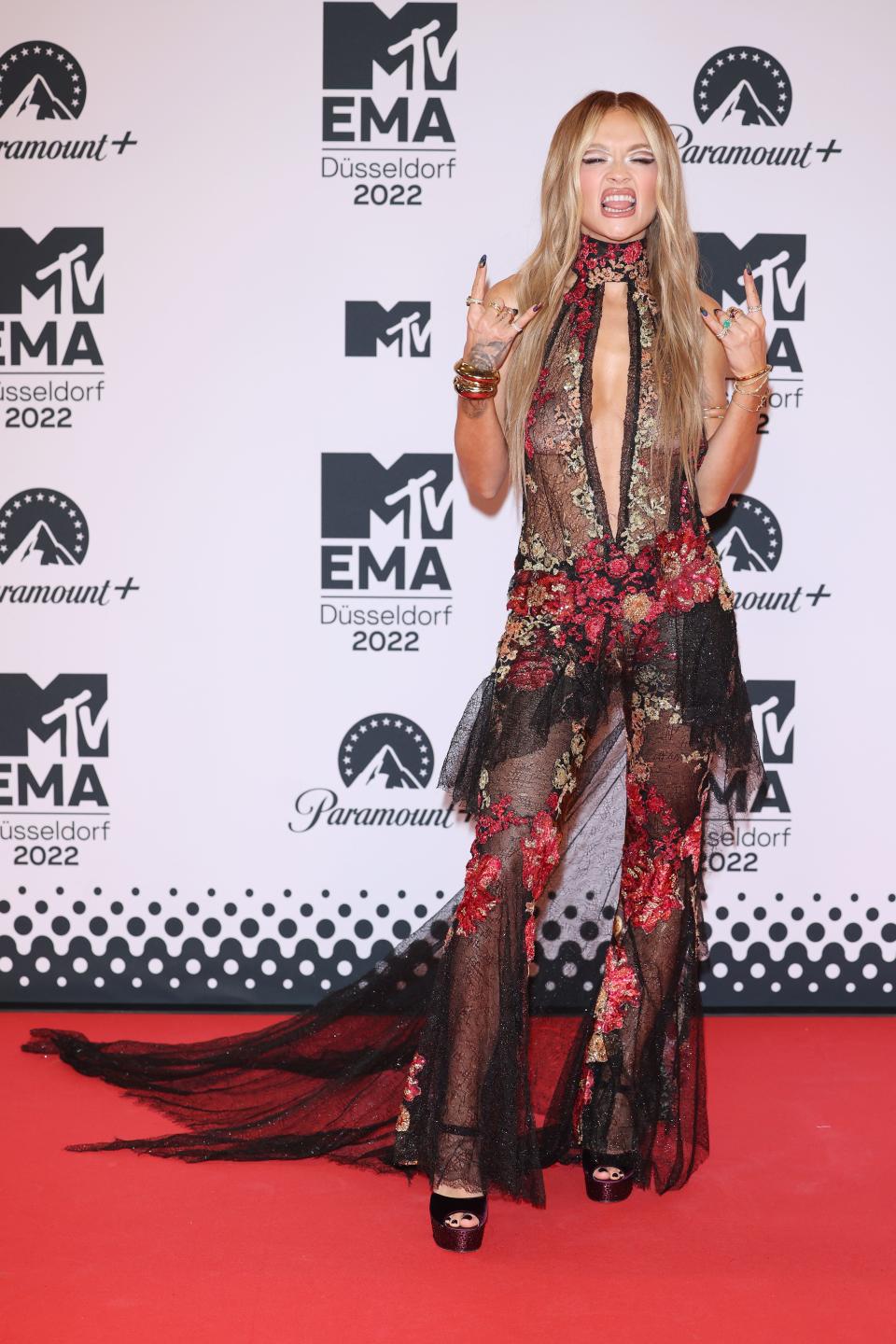 Rita Ora attends the red carpet during the MTV Europe Music Awards 2022 held at PSD Bank Dome on November 13, 2022.