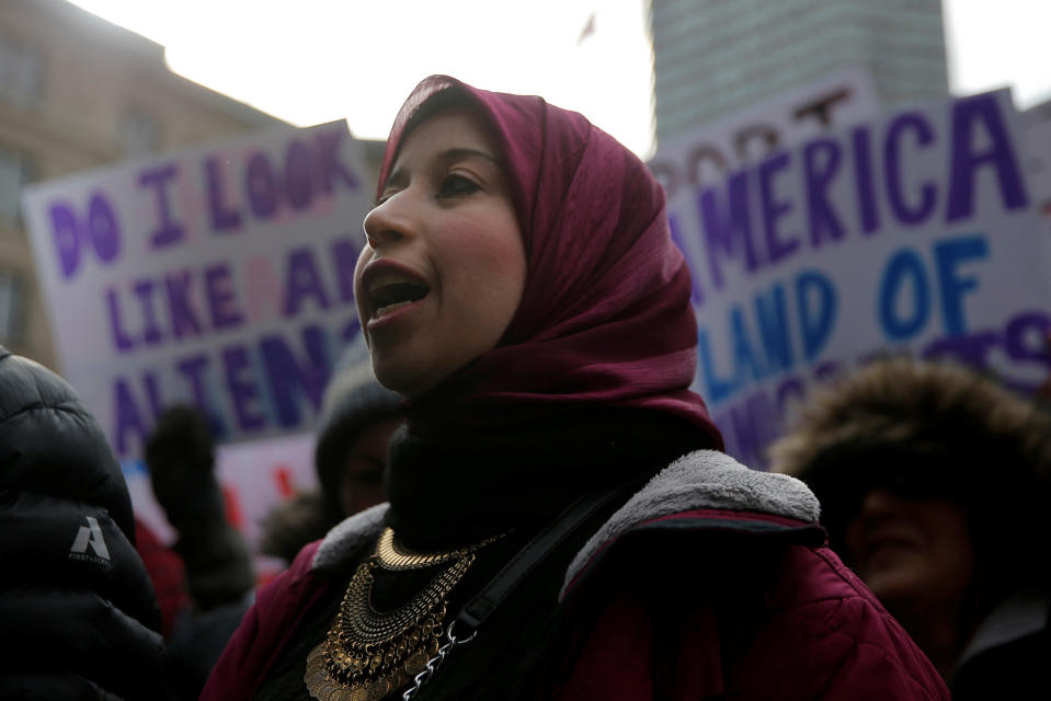 Samah Mansur, from Egypt, takes part in the "Boston Protest Against Muslim Ban and Anti-Immigration Orders" to protest U.S. President Donald Trump's executive order travel ban in Boston, Massachusetts, U.S. January 29, 2017. REUTERS/Brian Snyder