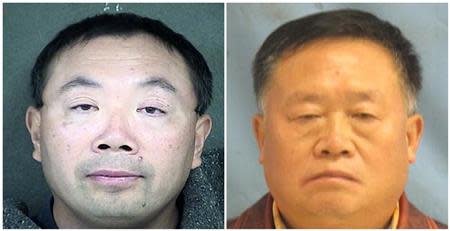 A combination photo shows Zhang Weiqiang (L) and Yan Wengui (R) in these handout photos released on December 12, 2013. REUTERS/Wyandotte County Detention Center and Pulaski County Sherrif's Office