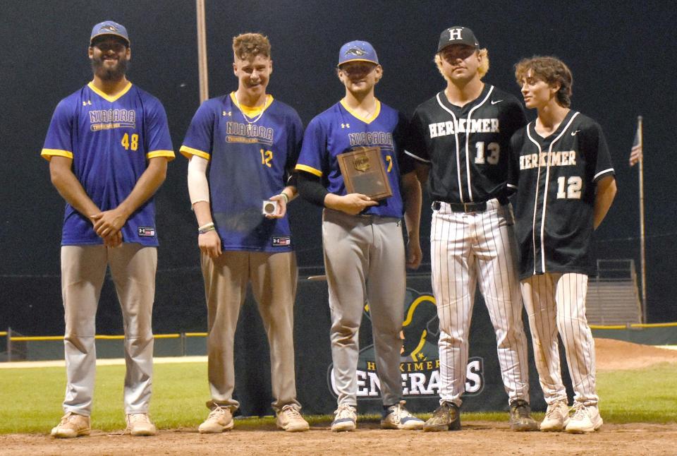 NJCAA Region III Division III baseball Final Four most valuable player Ryan Birchard, center, poses with his plaque and other all-star selections following the championship game in Little Falls, New York.