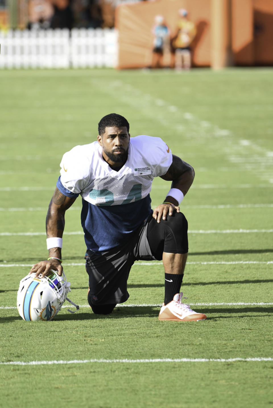 Arian Foster looks on during Miami Dolphins training camp on July 31, 2016. (Photo by Ron Elkman/Sports Imagery/Getty Images)