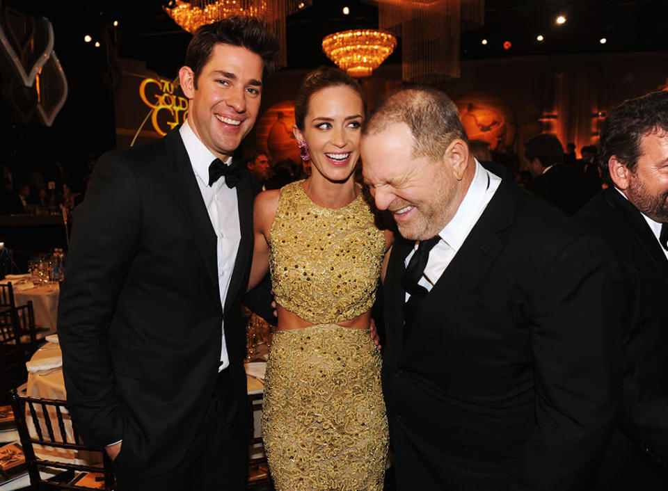 John Krasinski, Emily Blunt and Harvey Weinstein attend the 70th Annual Golden Globe Awards Cocktail Party held at The Beverly Hilton Hotel on January 13, 2013 in Beverly Hills, California.