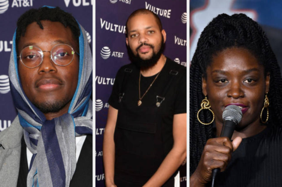 From left: Ify Nwadiwe poses at the 2018 Vulture Festival, Lamar Woods poses at the 2018 Vulture Festival, and Charla Lauriston performs at The Ice House in 2018