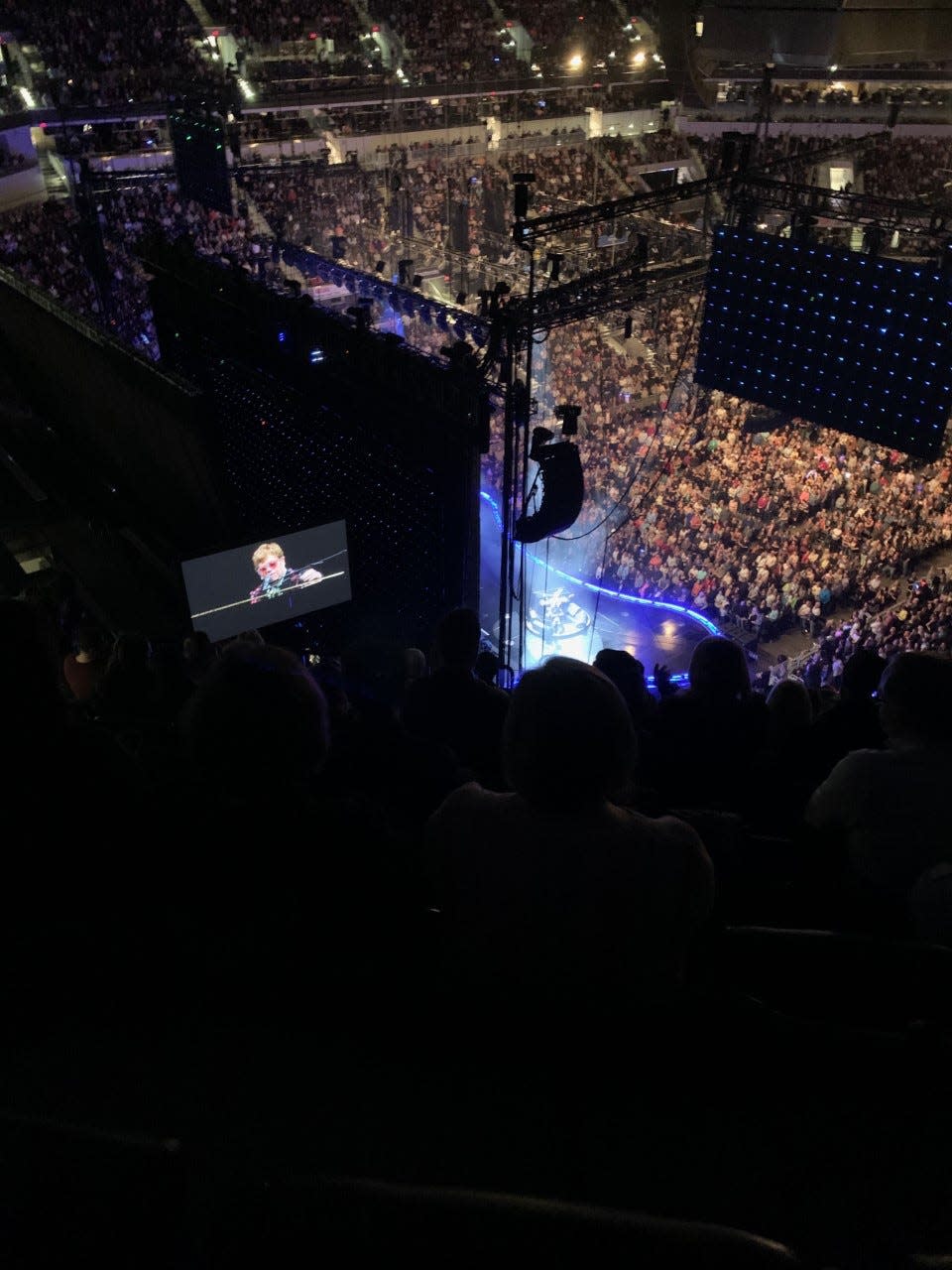 A photo taken by Edith Belitza from her seat at the Elton John concert at Gainbridge Fieldhouse on April 1, 2022, shows the obstructed view she was given after some delay and despite purchasing an unobstructed ticket.