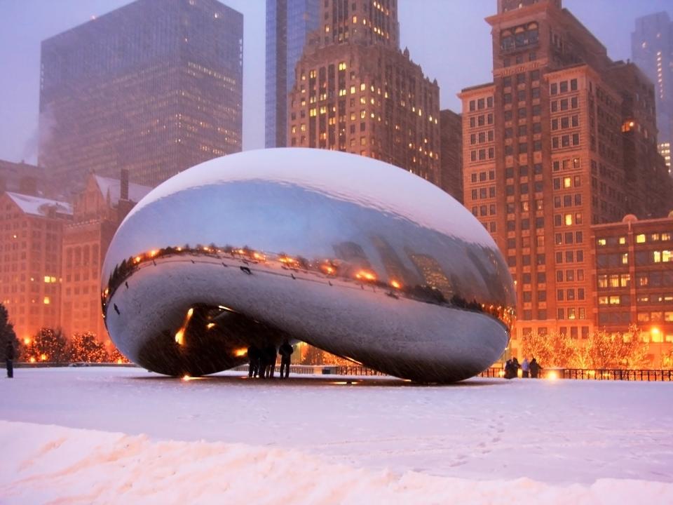 The bean covered and surrounded by snow in chicago