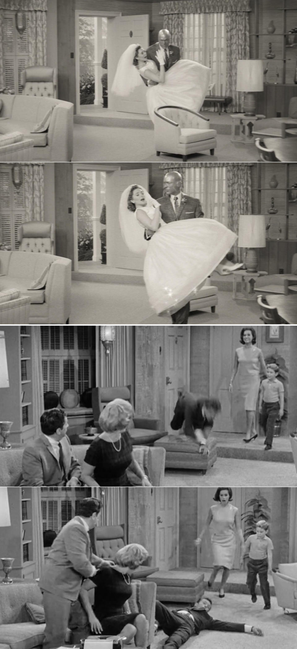 Wanda and Vision phasing through a chair vs. Rob from "The Dick Van Dyke" show tripping over the ottoman