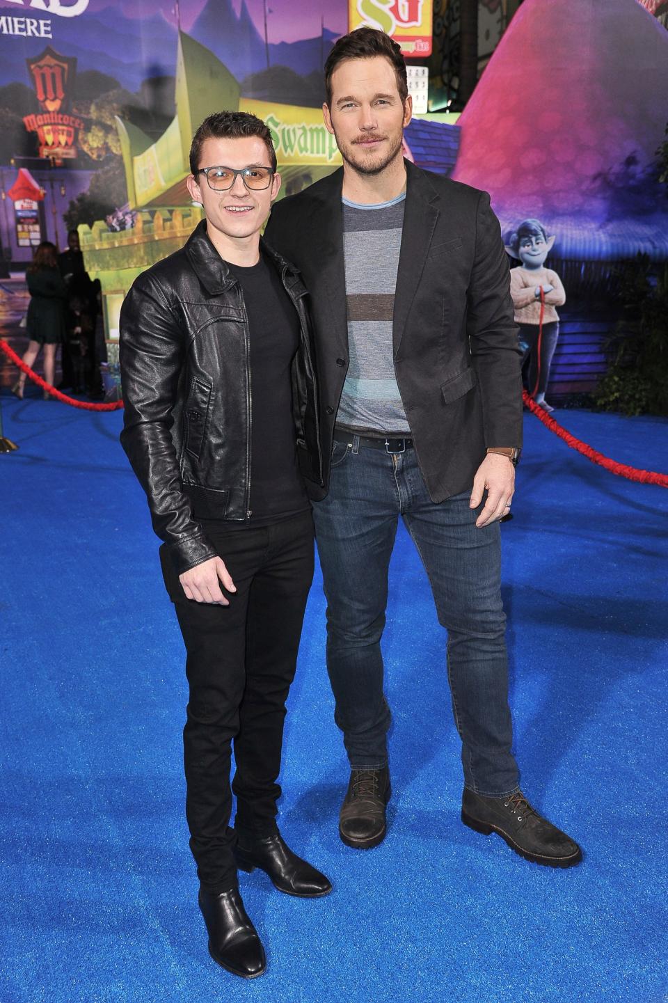 Tom Holland and Chris Pratt, who play brother Ian and Barley Lightfoot in "Onward," attend the Pixar film's world premiere in Hollywood on Tuesday.