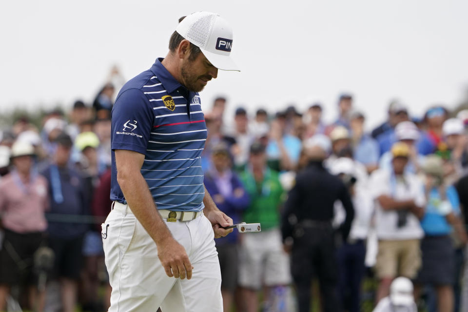 Louis Oosthuizen, of South Africa, looks down after missing a putt on the 16th green during the final round of the U.S. Open Golf Championship, Sunday, June 20, 2021, at Torrey Pines Golf Course in San Diego. (AP Photo/Jae C. Hong)