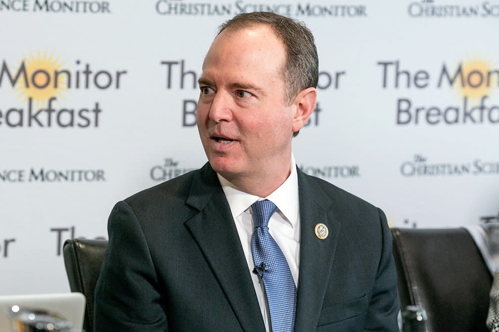 Rep. Adam Schiff (D-Calif.) said at a Christian Science Monitor breakfast March 12 in Washington, D.C., that President Donald Trump has a particular interest in seeking a second term: escaping prosecution.&nbsp; (Photo: Christian Science Monitor photo)