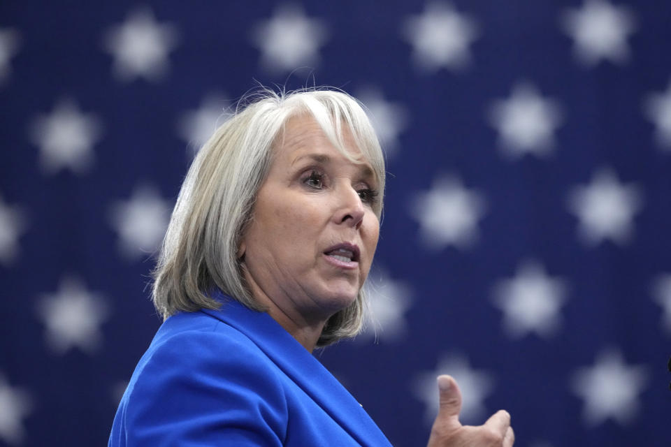 FILE - New Mexico Gov. Michelle Lujan Grisham speaks at the Arcosa Wind Towers, Aug. 9, 2023, in Belen, N.M. Grisham on Friday, Sept. 8, issued an emergency public health order that suspends the open and permitted concealed carry of firearms in Albuquerque for 30 days in the midst of a spate of gun violence. (AP Photo/Alex Brandon, File)