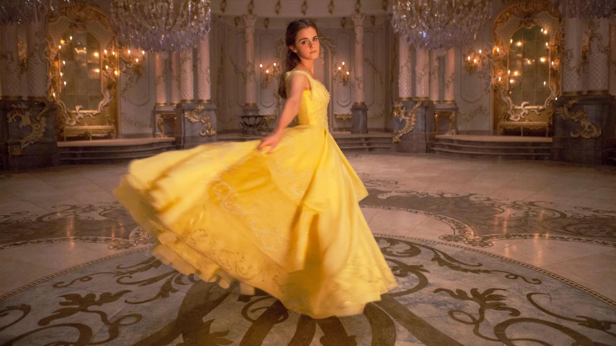  Emma Watson wearing yellow ball gown as Belle in Beauty and the Beast 