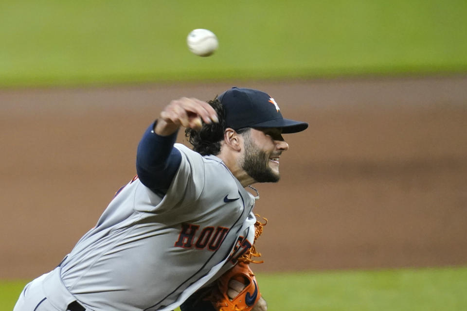 Houston Astros starting pitcher Lance McCullers Jr. throws against the Seattle Mariners in the fourth inning of a baseball game Monday, Sept. 21, 2020, in Seattle. (AP Photo/Elaine Thompson)
