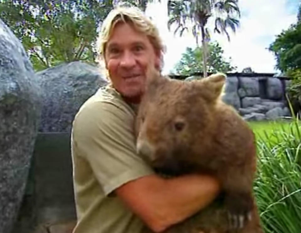 Steve Irwin cuddles up to a wombat. Source: YouTube / Australia Zoo